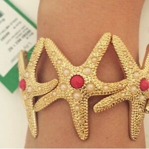 Lilly Pulitzer Gold Starfish Bracelet with Red and Pearl Accents stretchy nwot